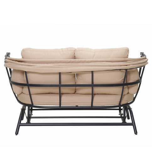 2 Person Egg Shaped Outdoor Swing Chair With Adjustable Canopy - Acacia Wood / Black / Taupe