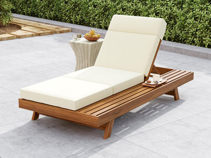 Acacia Wood Lounge Chaise Set With Headrest And Water Resistant Cushions - Beige