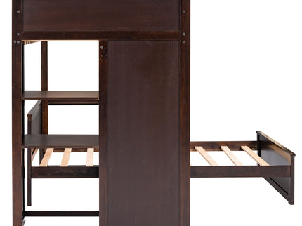 Loft Bed With A Stand Alone Bed, Shelves, Desk, And Wardrobe