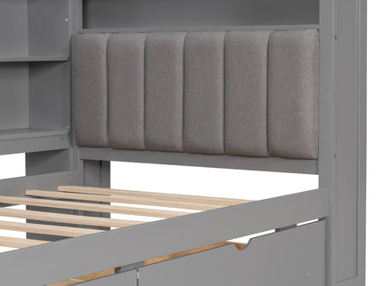 Platform Bed With Upholstered Headboard, Storage Shelves, Drawers, Charging Station, LED Lighting, Built In Desk