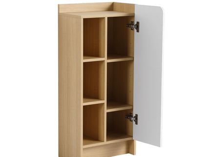 Freestanding Bathroom Side Cabinet, Narrow Storage Cabinet With Single Door & 3 Tier Open Shelves - Black / Light Oak / White
