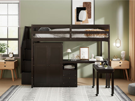Loft Bed With Stairs, Bookshelf, Drawers, Desk & Wardrobe, Space Saving Multifunctional Furniture