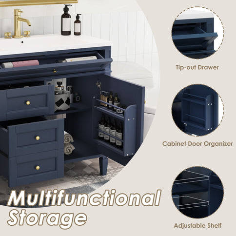 Bathroom Vanity With Top Sink, 2 Drawers And Tip Out Drawer, Rectangular Design