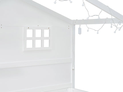 House Bed With Shelves, Window And Sparkling Light Strip On The Roof