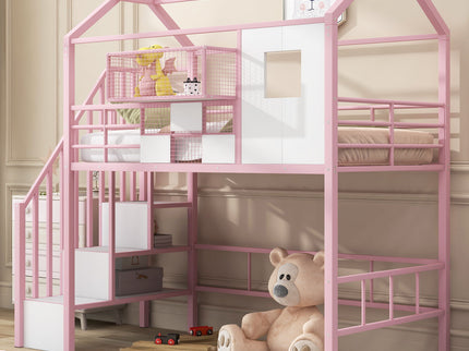 Metal Loft Bed With Roof Design And Storage Box With Guardrails And Integrated Ladder