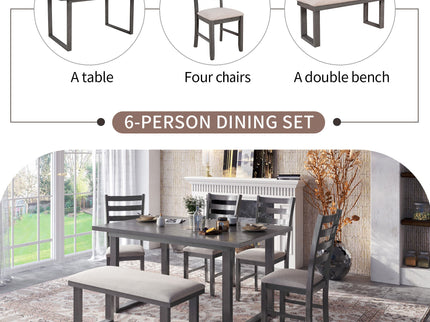 6 Pieces Family Furniture, Solid Wood Dining Room Set With Rectangular Table & 4 Chairs With Bench - Gray