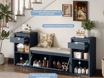 Entryway Storage Bench With Cushion, Drawers & Open Shelves