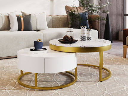 Round Nesting Coffee Table With Drawers - Golden / White