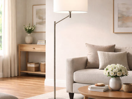 Horizon - Table Lamp With On / Off Switch Curved Base Linen Shade - Brushed Nickel / Silver / White