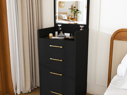 3 In 1 Vanity Desk With Open Top Mirror, Glass Desktop Makeup Set With 3 Drawers, Compact Dressing Table For Bedroom - Black