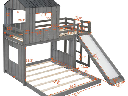 Loft Bunk Bed With Playhouse, Farmhouse, Ladder, Slide And Guardrails