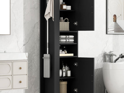Tall Freestanding Bathroom Storage Cabinet With Adjustable Shelves And Side Hooks Board, Rectangle Design