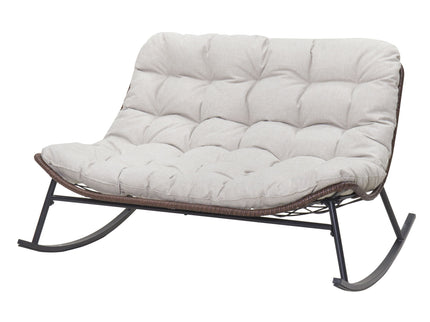 Double Wide Rocking Papasan Chair, 2 Person Outdoor Lounge Seating - Acacia Wood / Beige