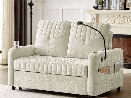 Modern Loveseat Pull Out Sofa Bed With Adjustable Backrest, Two Cup Holders, A Phone Holder, Three Charging Ports And Side Storage Pockets For Living Room