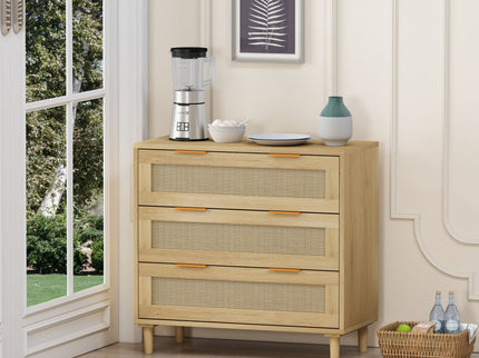 3 Drawer Storage Cabinet With Rattan Drawers For Bedroom, Living Room - Oak