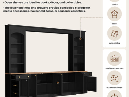 Arched Entertainment Center Wall Unit With Bookshelf, Retro Large TV Stand