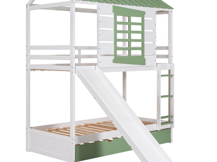 Twin Over Twin House Bunk Bed With Convertible Slide And Trundle - White