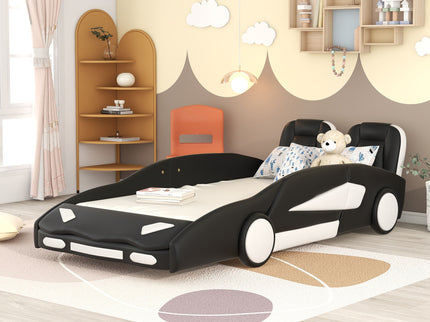 Race Car Shaped Twin Platform Bed With Wheels, Pine Wood Construction