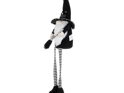 Sitting Gnome With Broomstick & Long Legs, For Halloween Decor - Black White