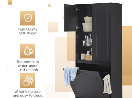 Modern Tall Storage Cabinet With Adjustable Shelves, Flip-Out Basket & Enclosed Doors