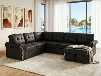 U Shape Sectional Sleeper Sofa With Pull Out Bed And Storage Chaise - Black