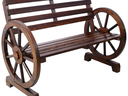 Rustic Country 2 Person Wooden Wagon Wheel Bench With Slatted Seat And Backrest - Brown