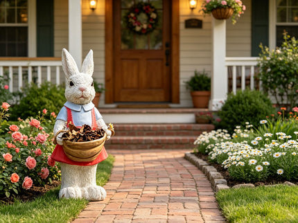 Whimsical Rabbit Statue Flower Pot Ornament, Garden Decor - Pink / White