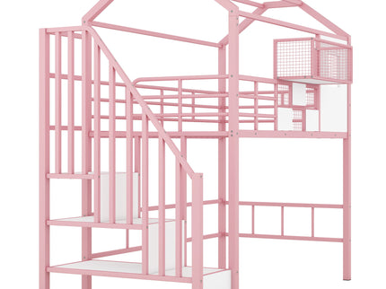 Metal Loft Bed With Roof Design And Storage Box With Guardrails And Integrated Ladder