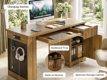 Modern Fluted Office Desk With Storage Cabinet