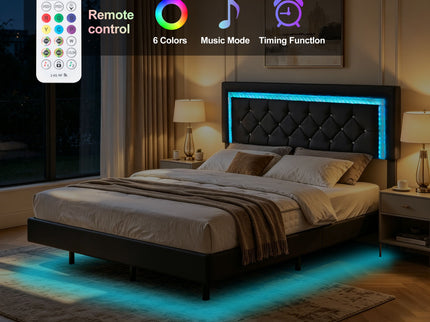 Platform Bed Frame With Adjustable Upholstered Headboard, RGB LED Lights, No Box Spring Needed