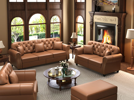 Upholstered Sofa With Nailhead Trim, Rolled Armrests With Ottoman