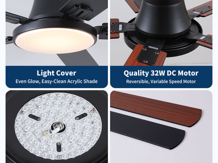 Flush Mount Ceiling Fans With LED Light And Remote Control, 5 Blades