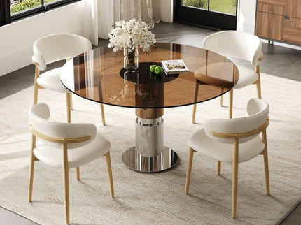 Round Dining Table With Tempered Glass Top - Brown