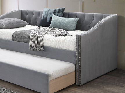 Daybed With Button Tufted Nailhead Trim And Trundle Slat Storage - Gray