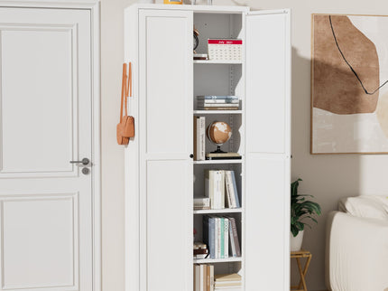 Kitchen Pantry Cabinet With Doors, Heavy-Duty Freestanding Storage Organizer With 5 Adjustable Shelves, Tool Free Assembly - White