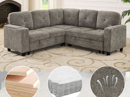 5 Seat Reversible L - Shaped Sleeper Sofa, Pull Out Convertible Sectional Couch With Storage, USB C - Charger, Cup Holders Modular Sofa Bed - Gray