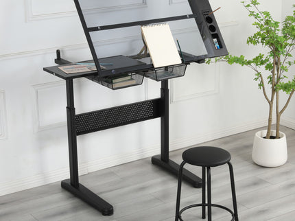 Hand Crank Adjustable Drafting Table Drawing Desk With 2 Metal Drawers With Stool