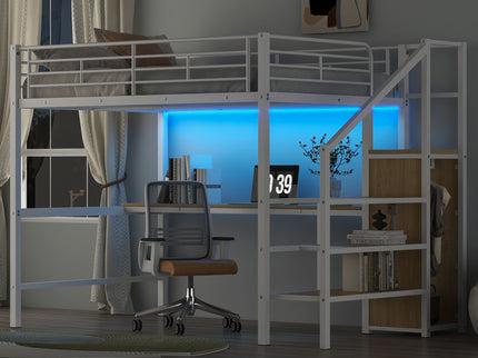Loft Bed With Desk, Storage Staircase, Small Wardrobe And LED Light