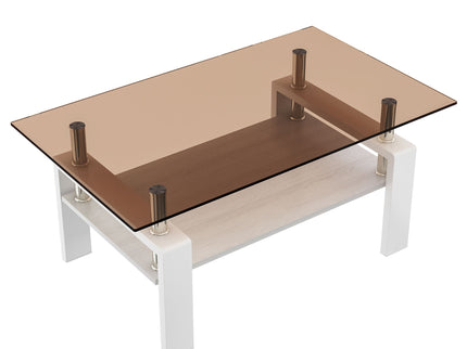 Modern Rectangular Coffee Table With Tempered Transparent Glass Top And Storage Shelf