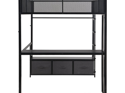 Full Size Gaming Loft Bed With LED Desk, Open Wardrobe, 3 Linen Storage Drawers - Black