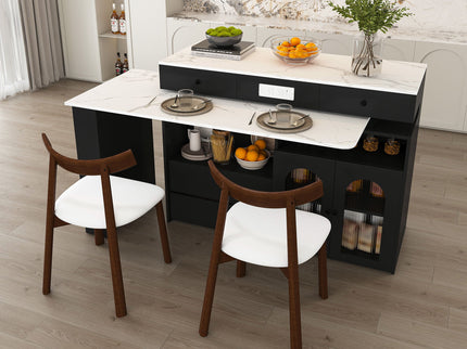 Retro Kitchen Island Set With Chairs, Extendable & Rotating Table, 4 Drawers & Door Cabinets