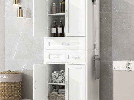 Tall Bathroom Storage Cabinet With 4 Doors 3 Drawers Adjustable Shelves - White