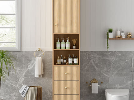 Tall Bathroom Cabinet With 1 Door, 3 Drawers, Open Storage - Wood
