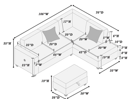Modern Style Sectional Set With USB Port, Storage Ottoman