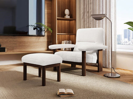Modern Accent Chair With Ottoman, Mid Century Lounge Chair With Footrest, Comfy Fabric Armchair Upholstered Set With Solid Wood Frame For Living Room - White