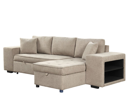 Modern L-Shape 3 Seat Reversible Sectional Couch, Pull Out Sleeper Sofa With Storage Chaise And 2 Stools For Living Room Furniture Set