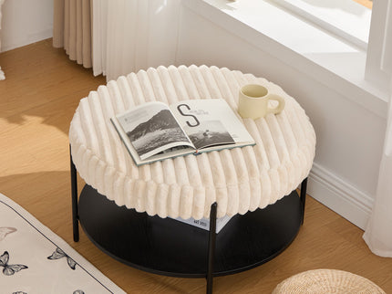 Modern Upholstered Round Ottoman Coffee Table With Storage Shelf