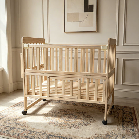 Portable Mini Baby Crib 5 In 1 Convertible With Foldable Storage - Natural Wood
