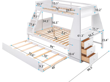 Bunk Bed With Trundle And Built In Desk, 3 Storage Drawers And Shelf