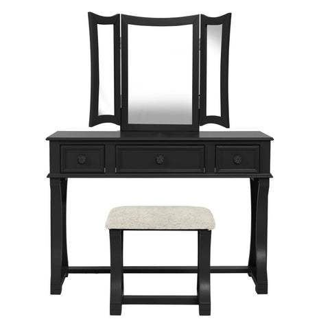 Bedroom Vanity Set With Foldable Mirror And Stool - Black